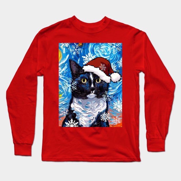 Tuxedo Cat Santa Long Sleeve T-Shirt by sagittariusgallery